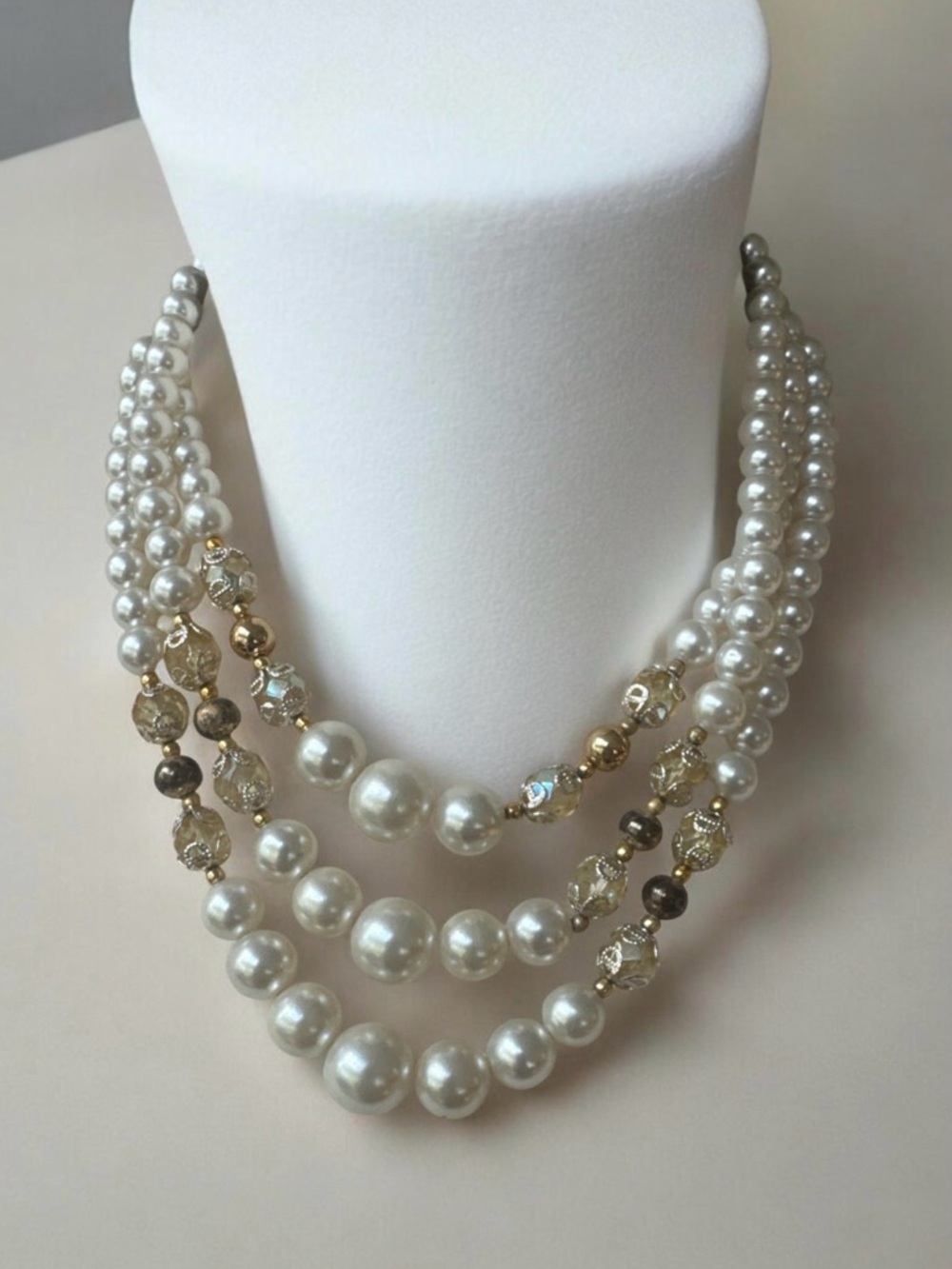 Elegant Multi-Strand Pearl and Crystal Necklace - Cream & Gold | Made In Japan